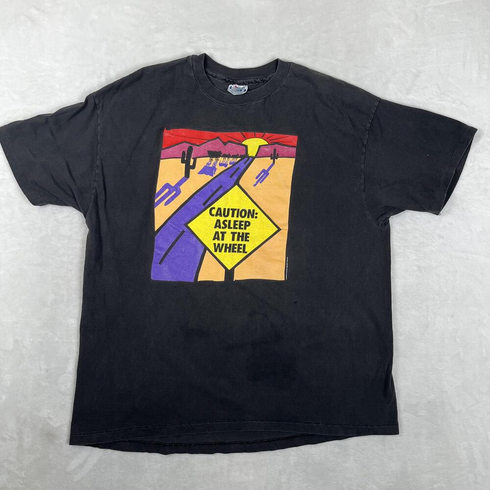 Vintage Caution Asleep At The Wheel T-Shirt Mens 2XL Black Desert Road Graphic